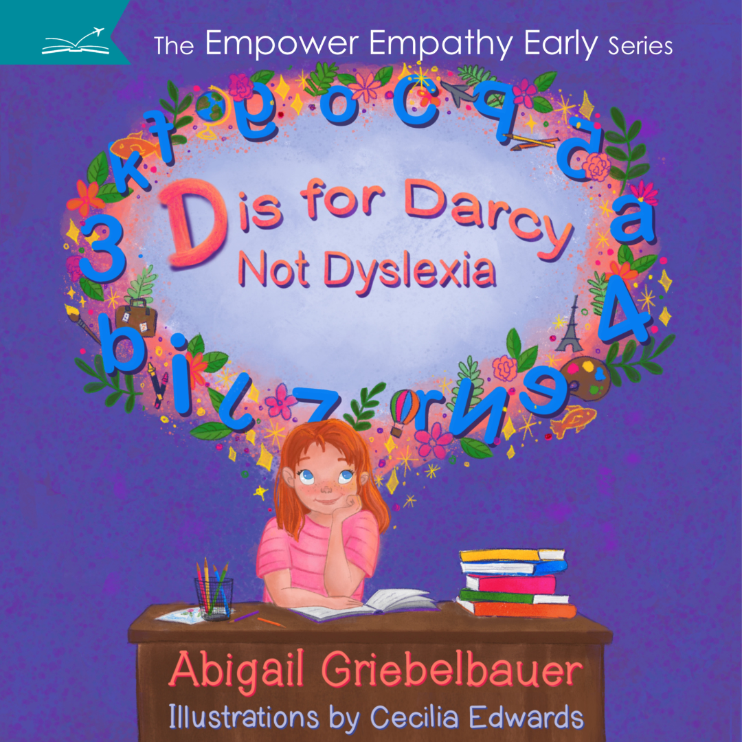 Children's Book Cover "D is for Darcy Not Dyslexia' by Abigail Griebelbauer Illustrated by Cecilia Edwards. The background is a purple texted background with the Title in a oval shape. The border of the oval is filled with letters, stars, and numbers all over the place. Darcy, a girl with red hair, and freckles is sitting at the desk in a pink stripped shirt. Books are stacked on one side of the desk with a pen and paper on the other, and a open book in front of the girl.
